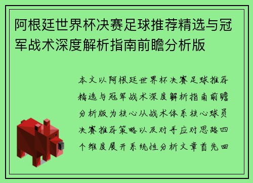 阿根廷世界杯决赛足球推荐精选与冠军战术深度解析指南前瞻分析版